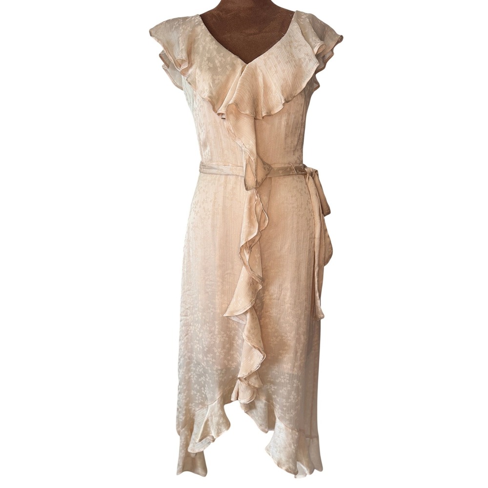 DKNY Dress Women's Size 2 Beige Hi Low Ruffle Wrap Belted NWT AsymetricalFlaw